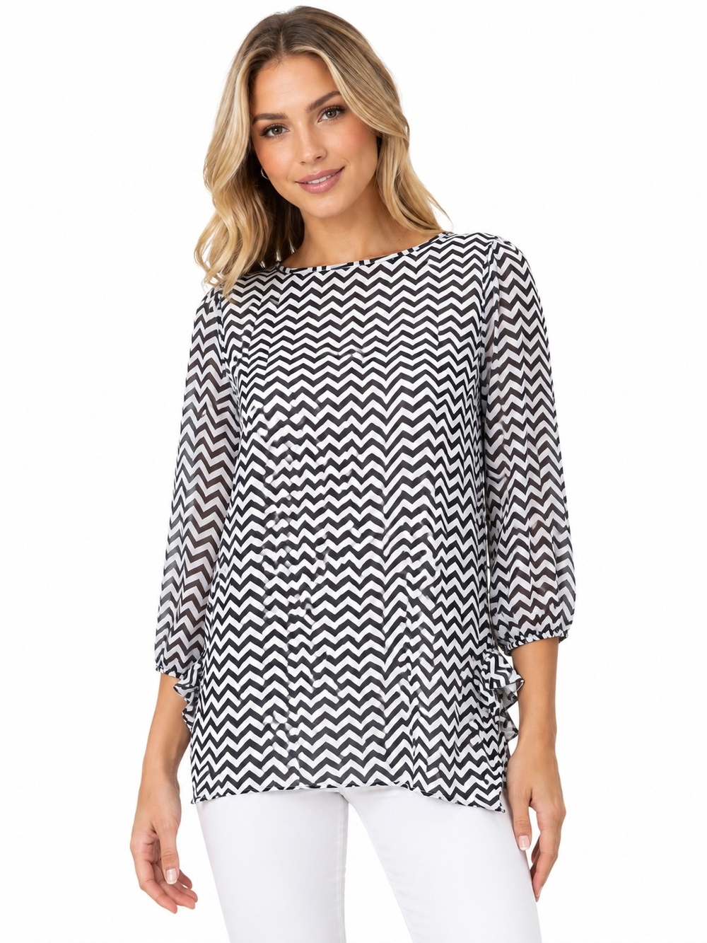 Lily White Black & White Chevron 3/4 Sleeve Blouse